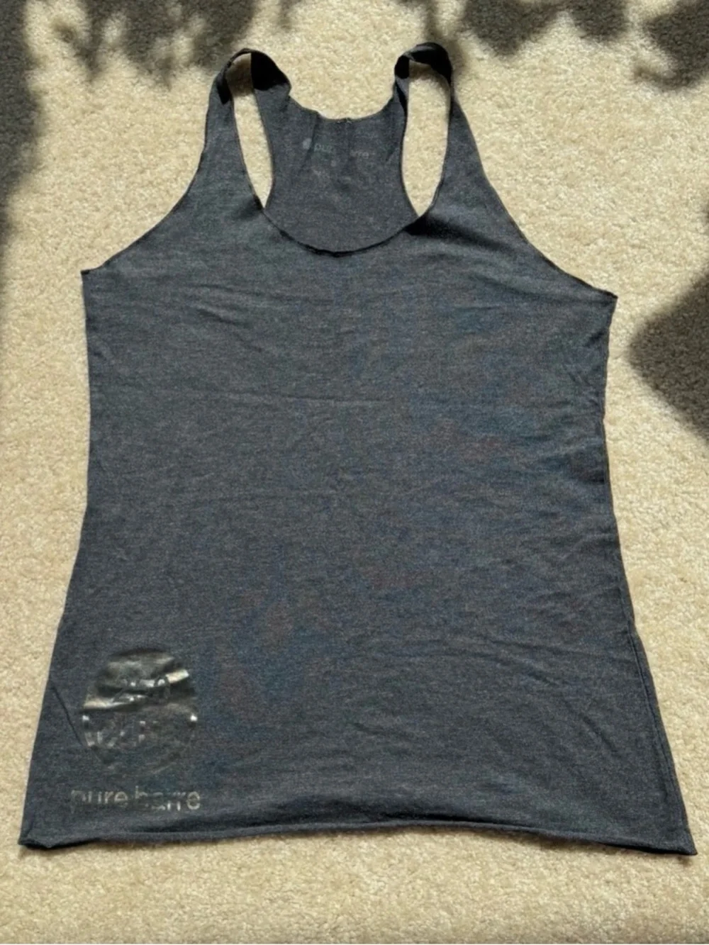 Pure Barre Dark Gray Racerback Tank Top and Black Grips for Women.